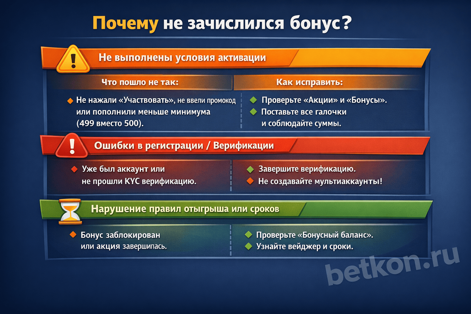3 prichiny pochemu bonus ne prishyol: aktivaciya, KYC, pravila i sroki
