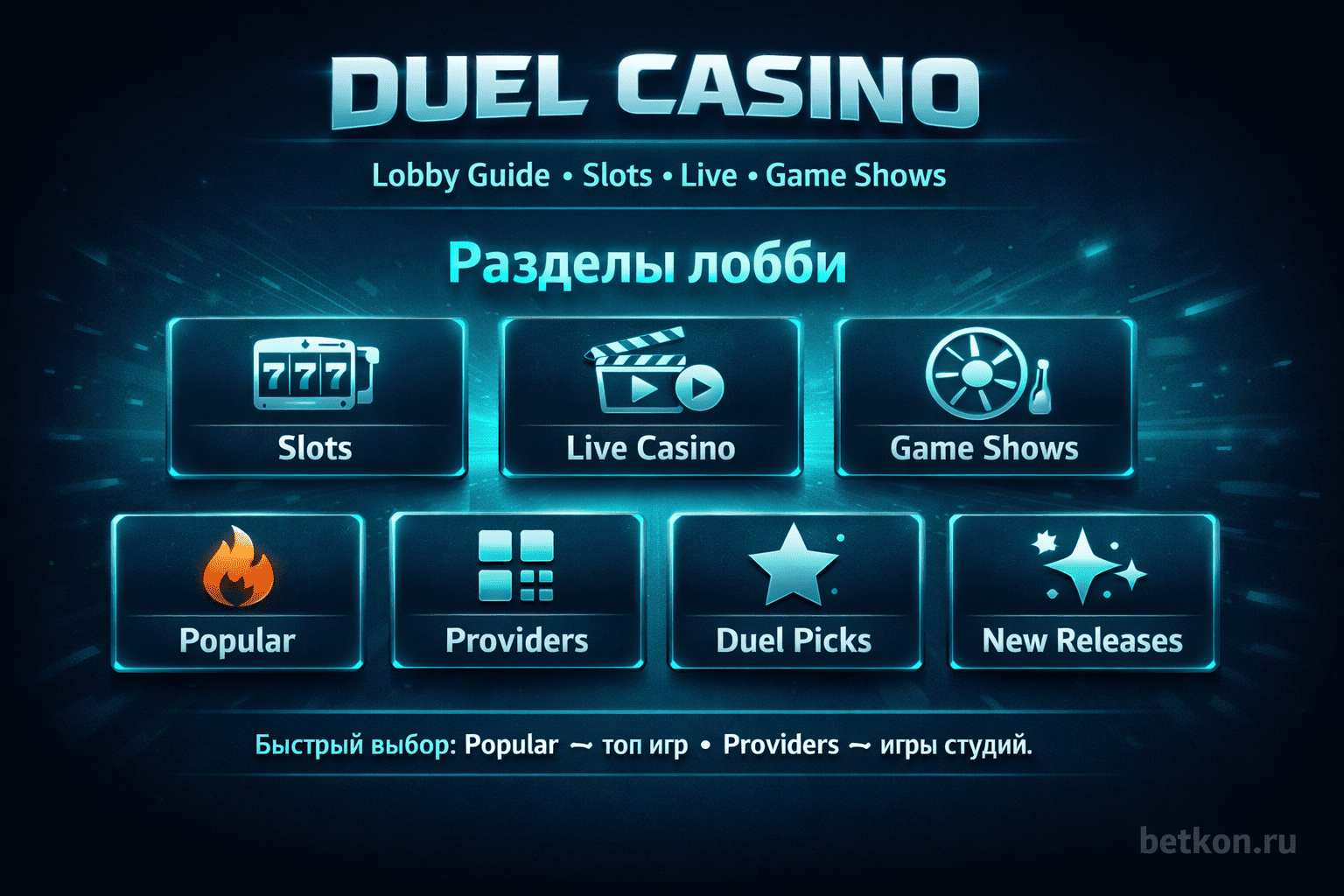 Duel Casino: разделы лобби — Slots, Live Casino, Game Shows, Popular, Providers, Duel Picks и New Releases