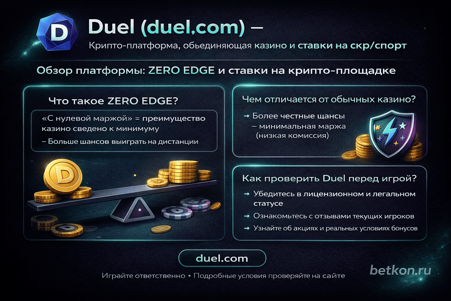 Duel (duel.com): крипто-платформа с казино и ставками на спорт/киберспорт — zero edge, отличия и что проверить
