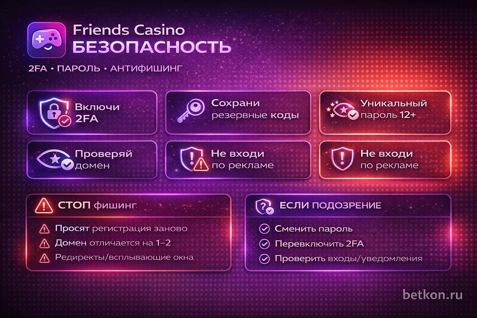 Friends Casino безопасность — инфографика: 2FA, защита аккаунта и антифишинг