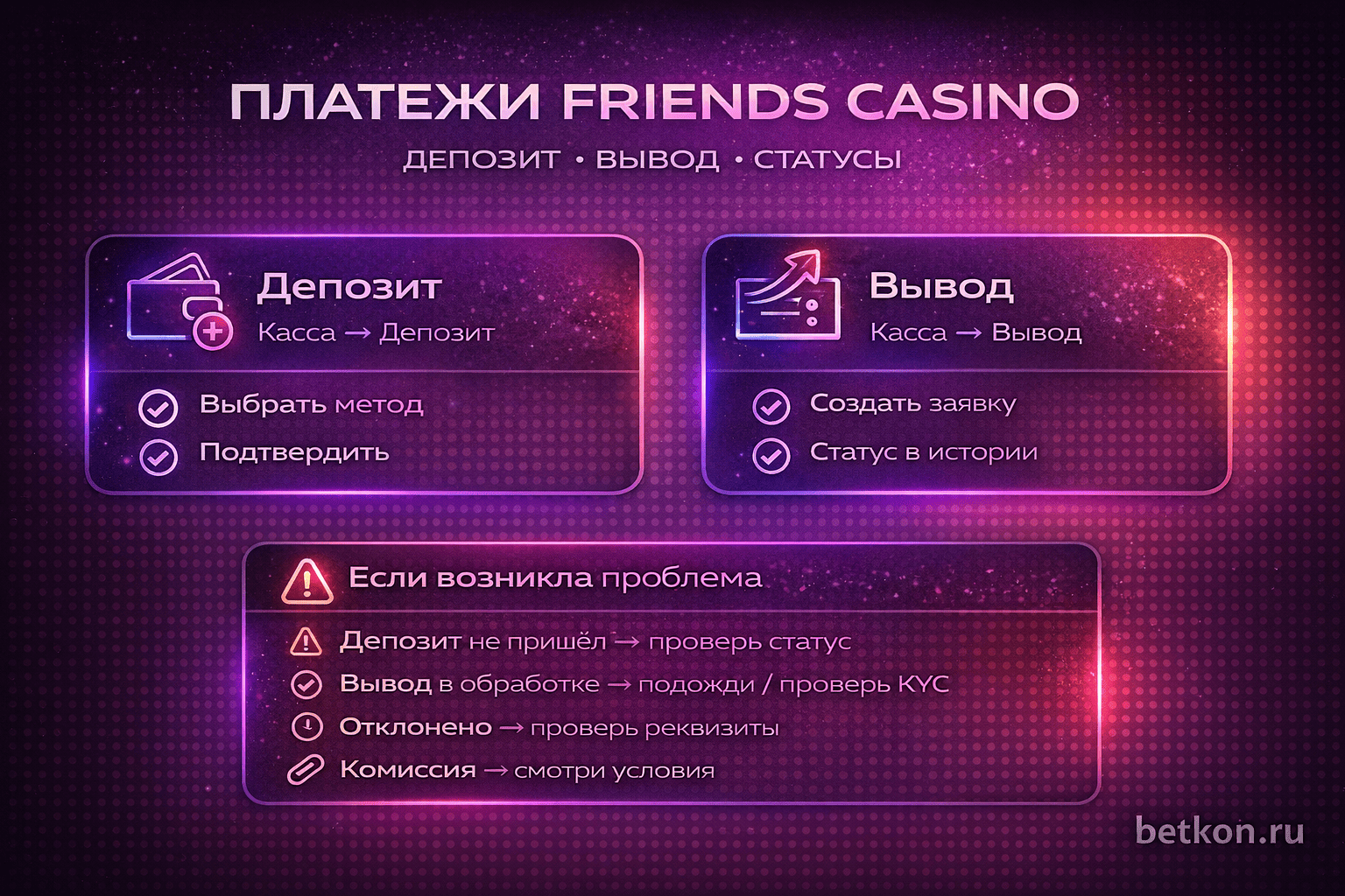 Платежи Friends Casino — инфографика: депозит, вывод, сроки и решения проблем