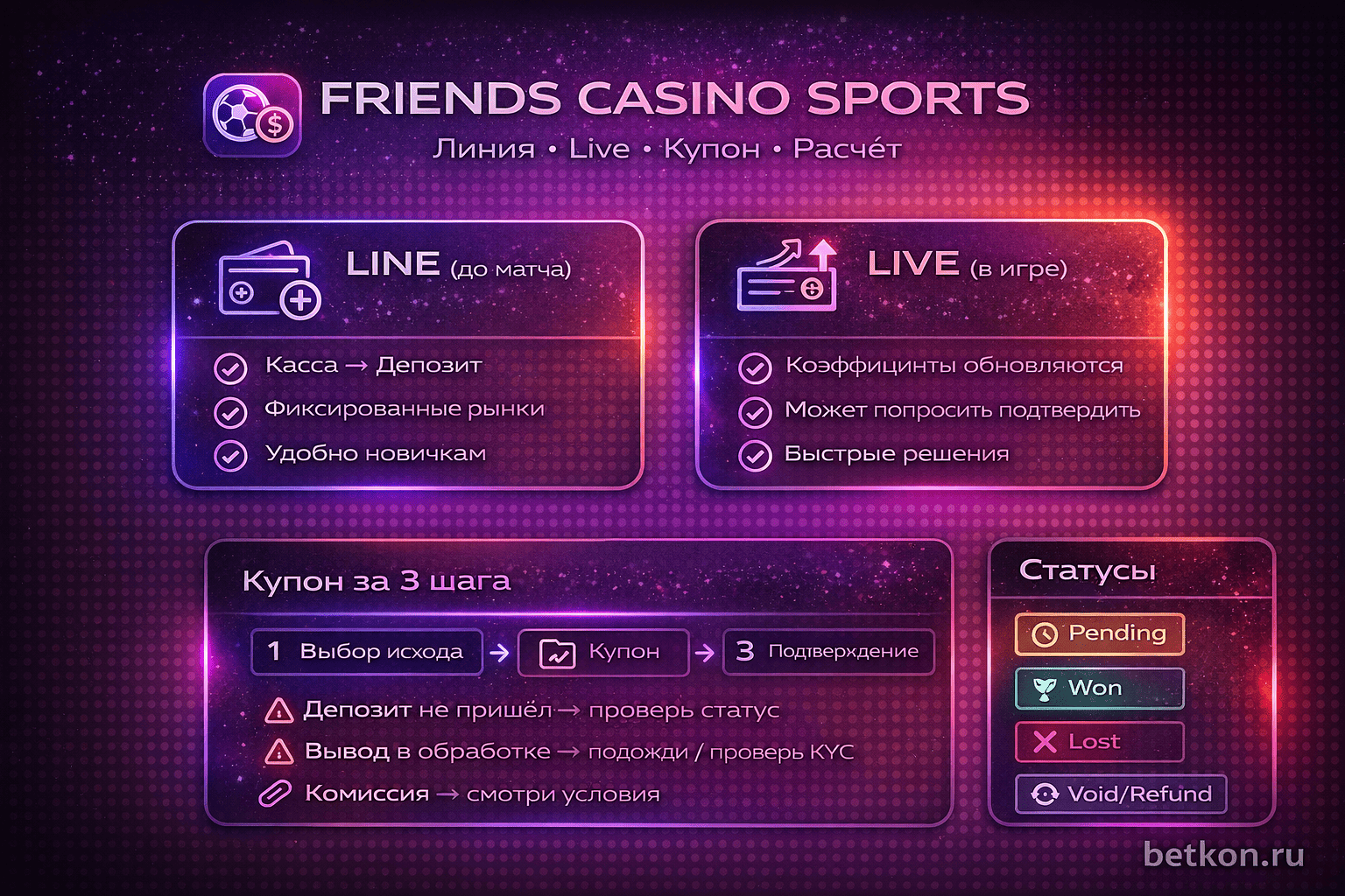 Friends Casino Sports — инфографика: линия, Live, купон и расчёт