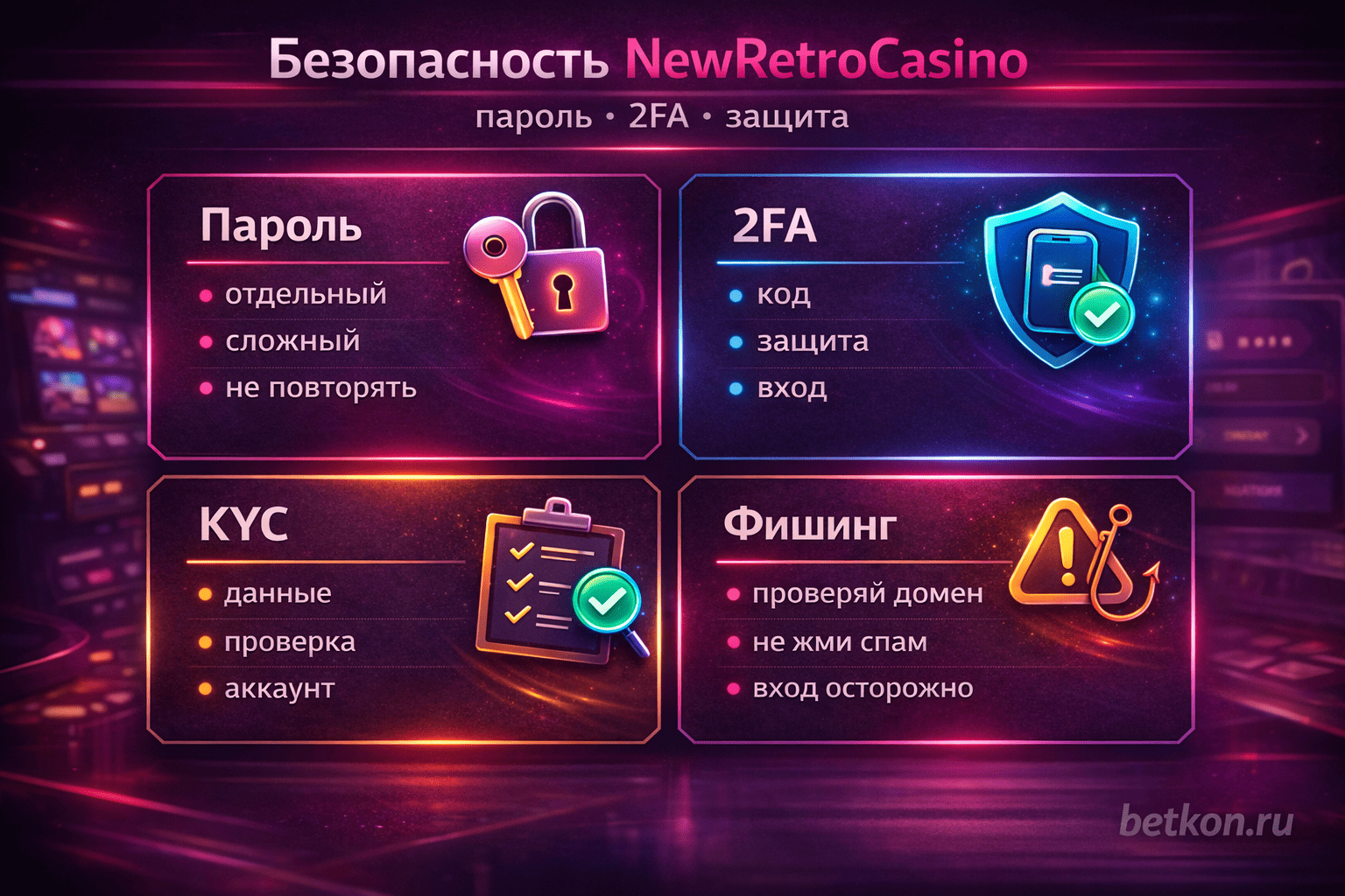Инфографика: безопасность NewRetroCasino, пароль, 2FA, KYC и антифишинг