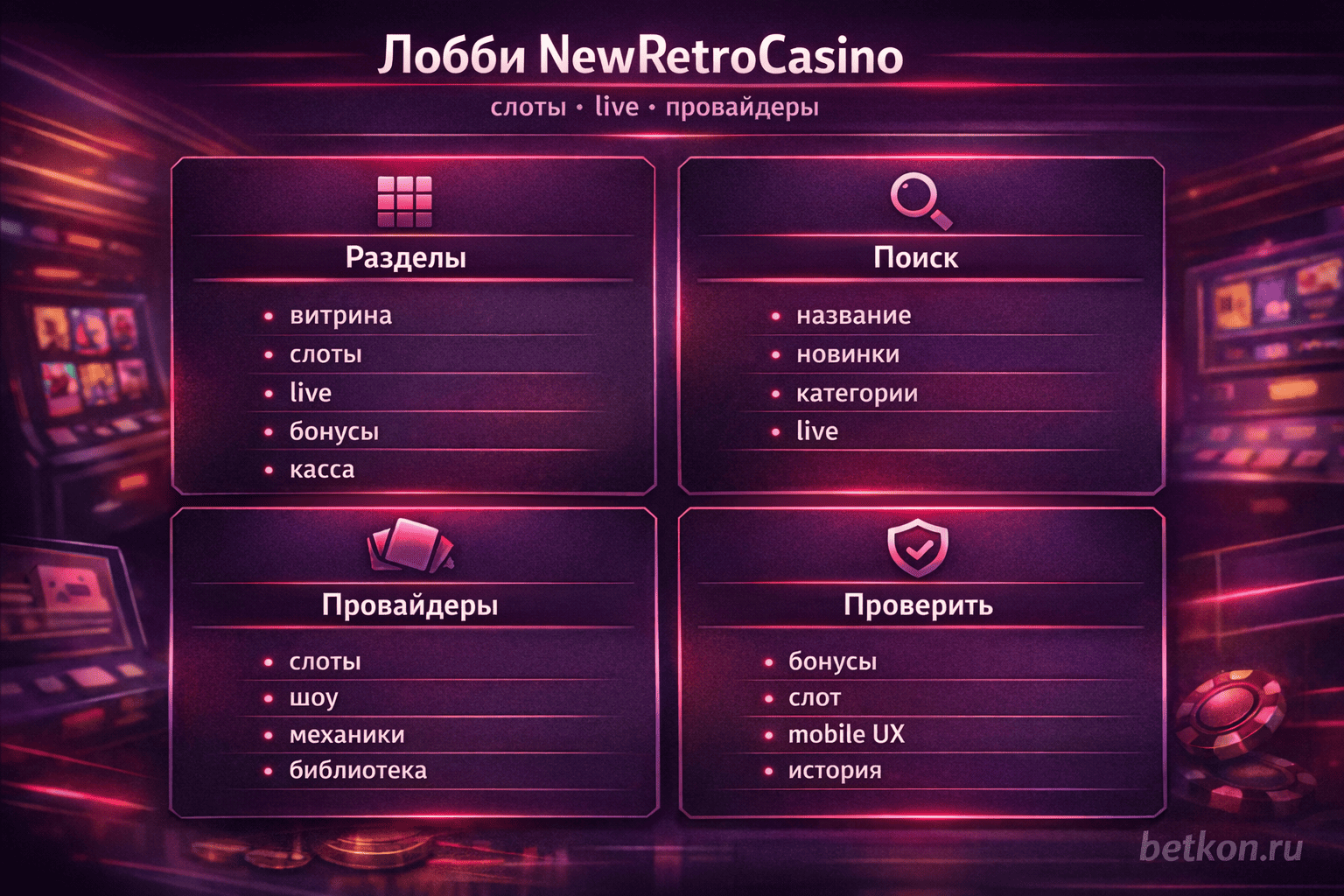 Инфографика: лобби NewRetroCasino, разделы, слоты, live и провайдеры