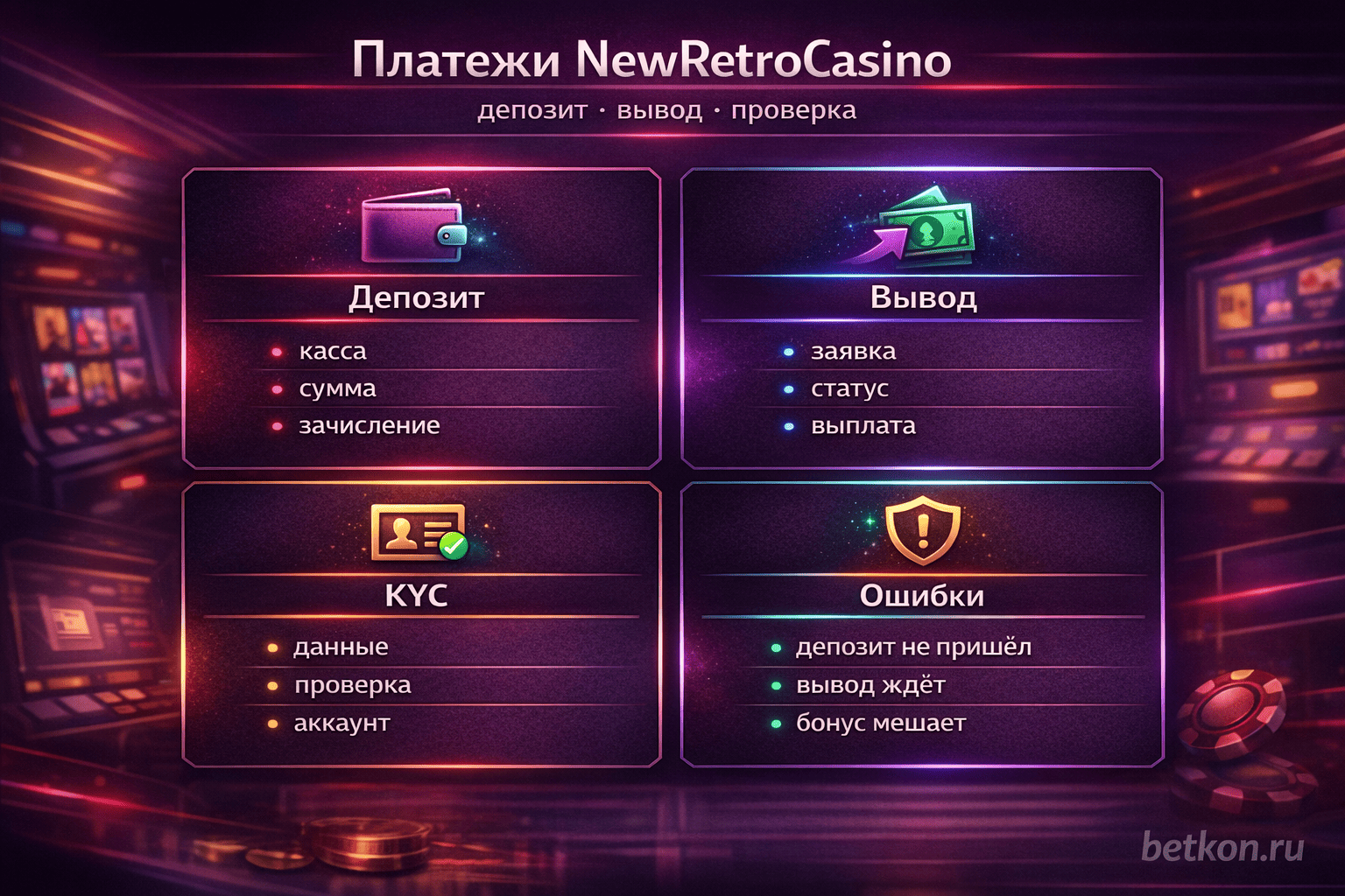 Инфографика: платежи NewRetroCasino, депозит, вывод и верификация
