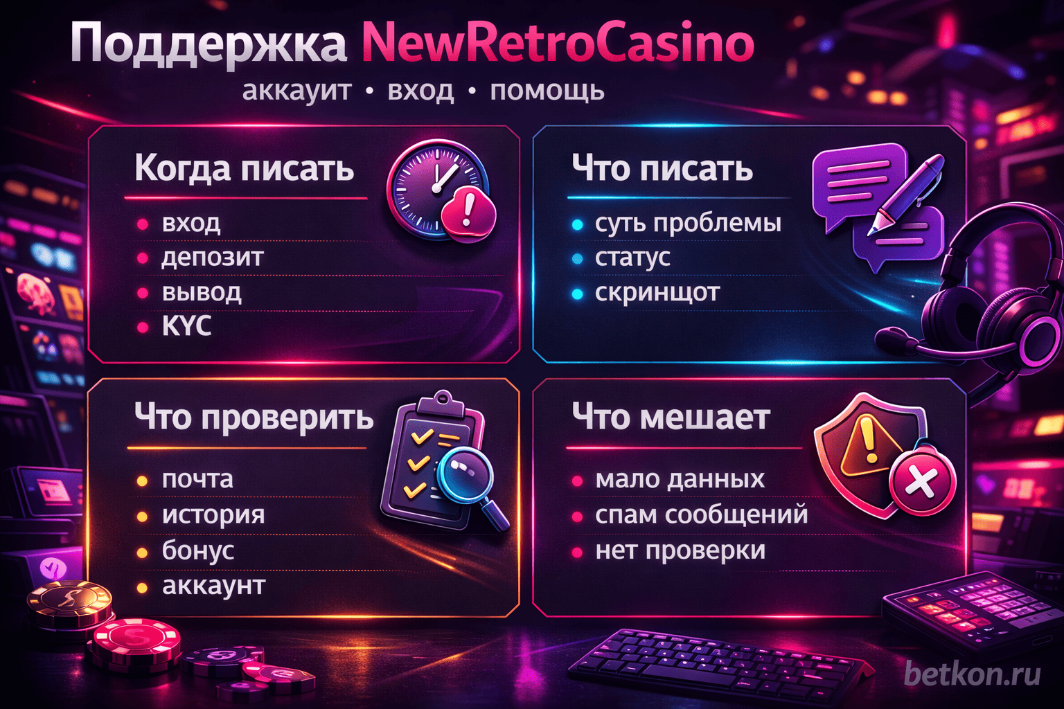 Инфографика: поддержка NewRetroCasino, аккаунт, вход и платежи