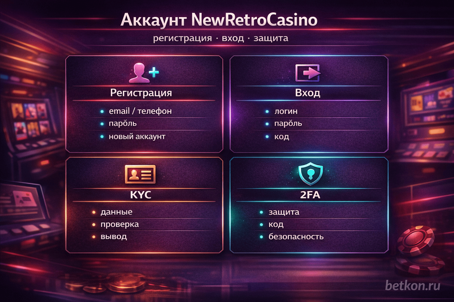 Инфографика: регистрация NewRetroCasino, вход, KYC и 2FA