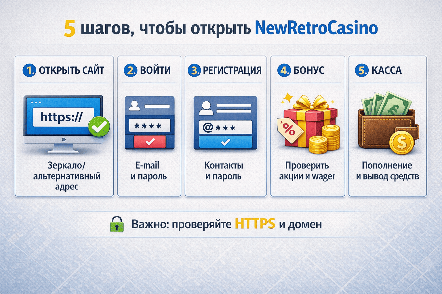 Инфографика NewRetroCasino зеркало: 5 шагов — доступ, вход, регистрация, бонус и касса