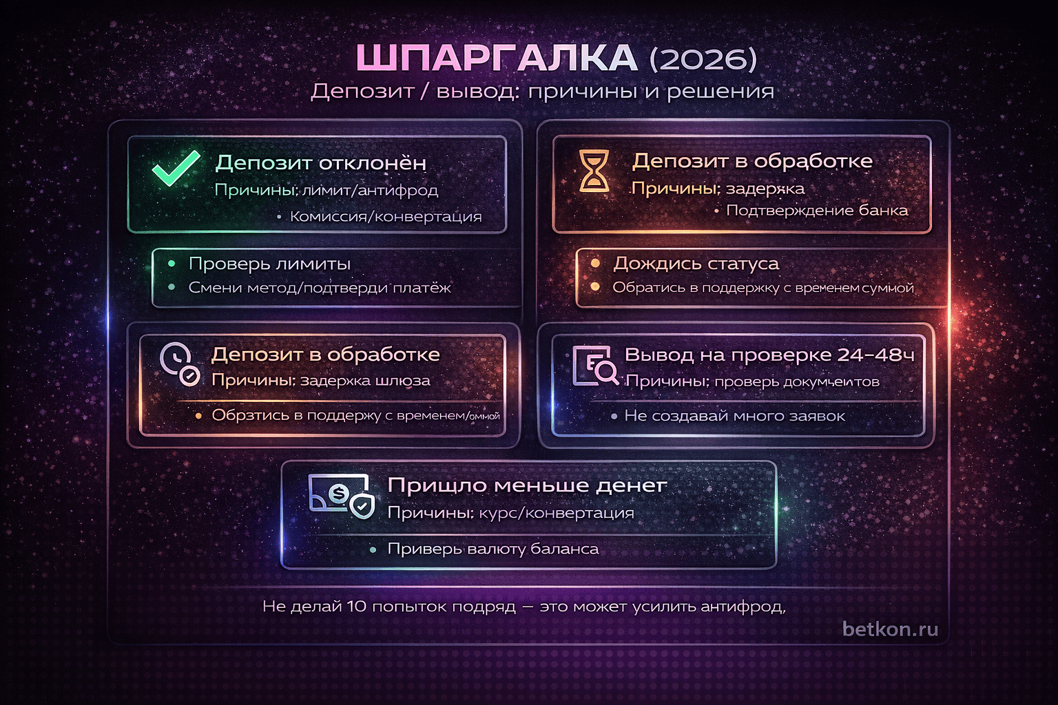 Шпаргалка: депозит или вывод не проходит — причины и решения (2026)