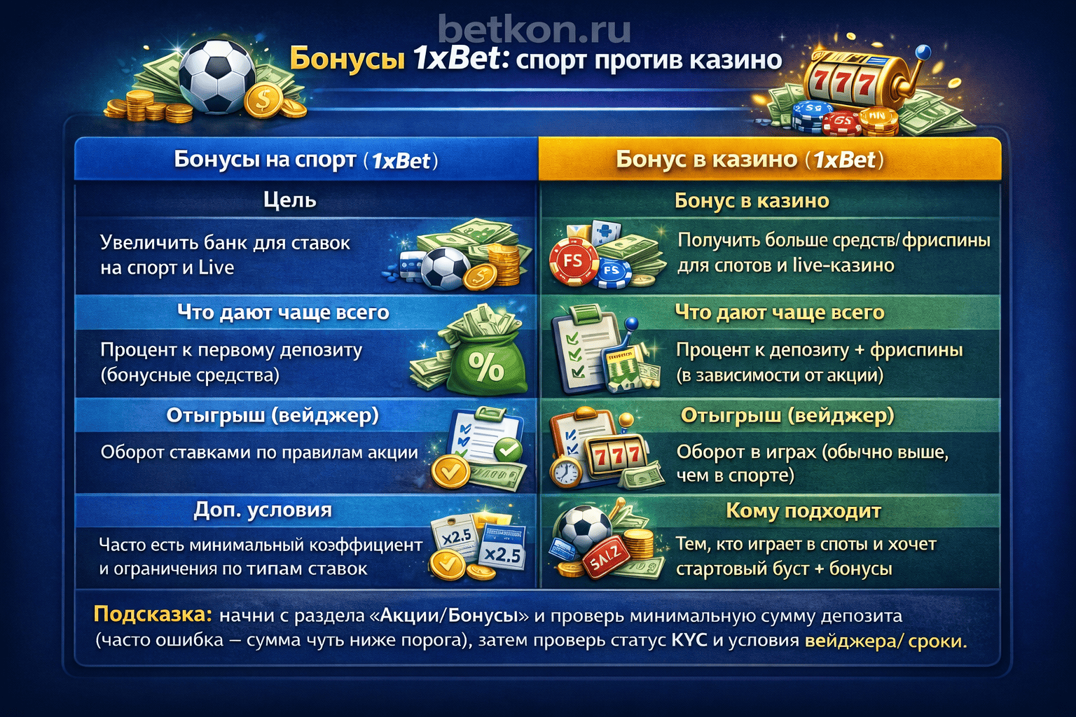 Спорт vs Казино — что выбрать в 1xBet