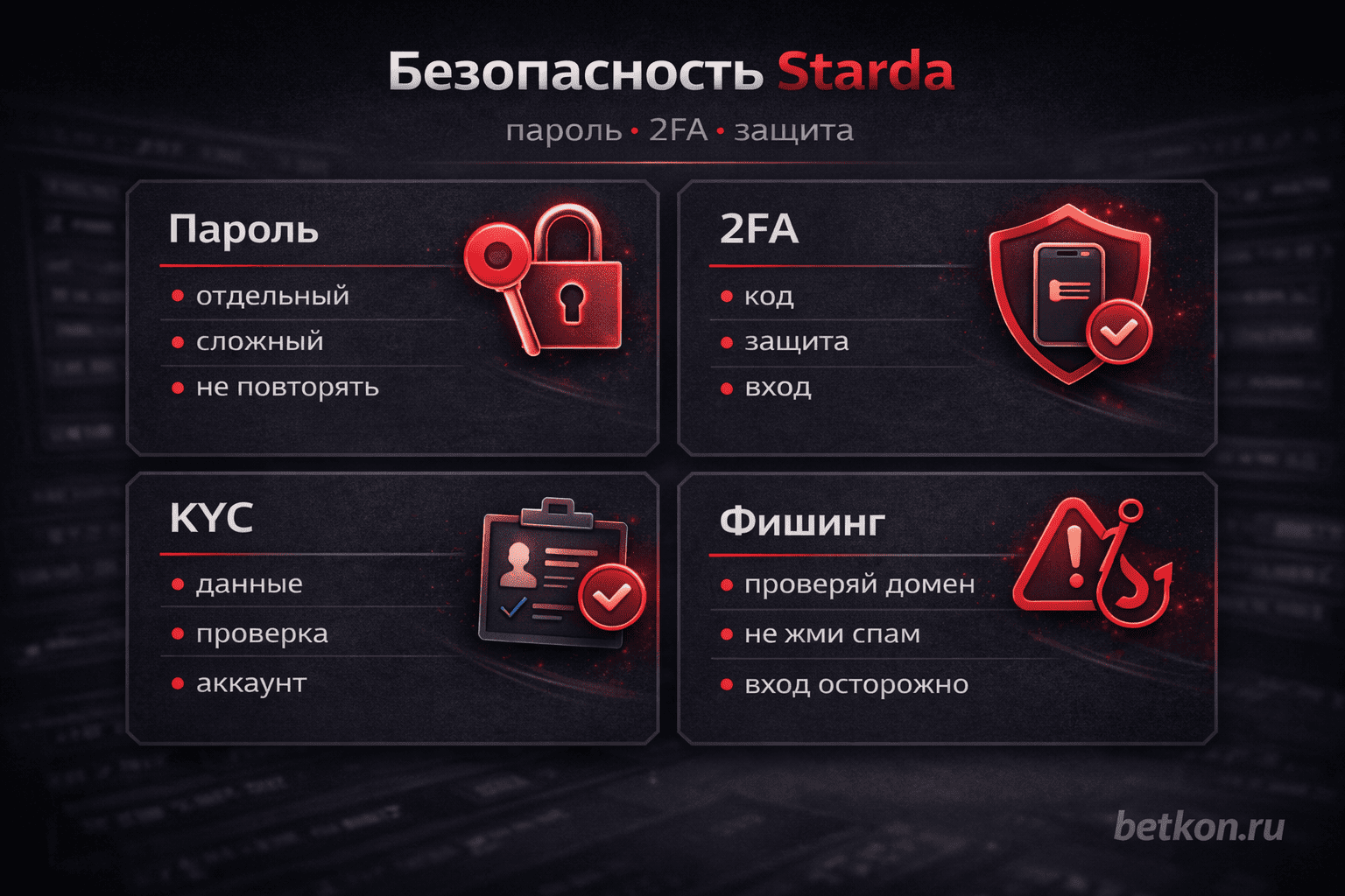 Инфографика: безопасность Starda, пароль, 2FA, KYC и антифишинг