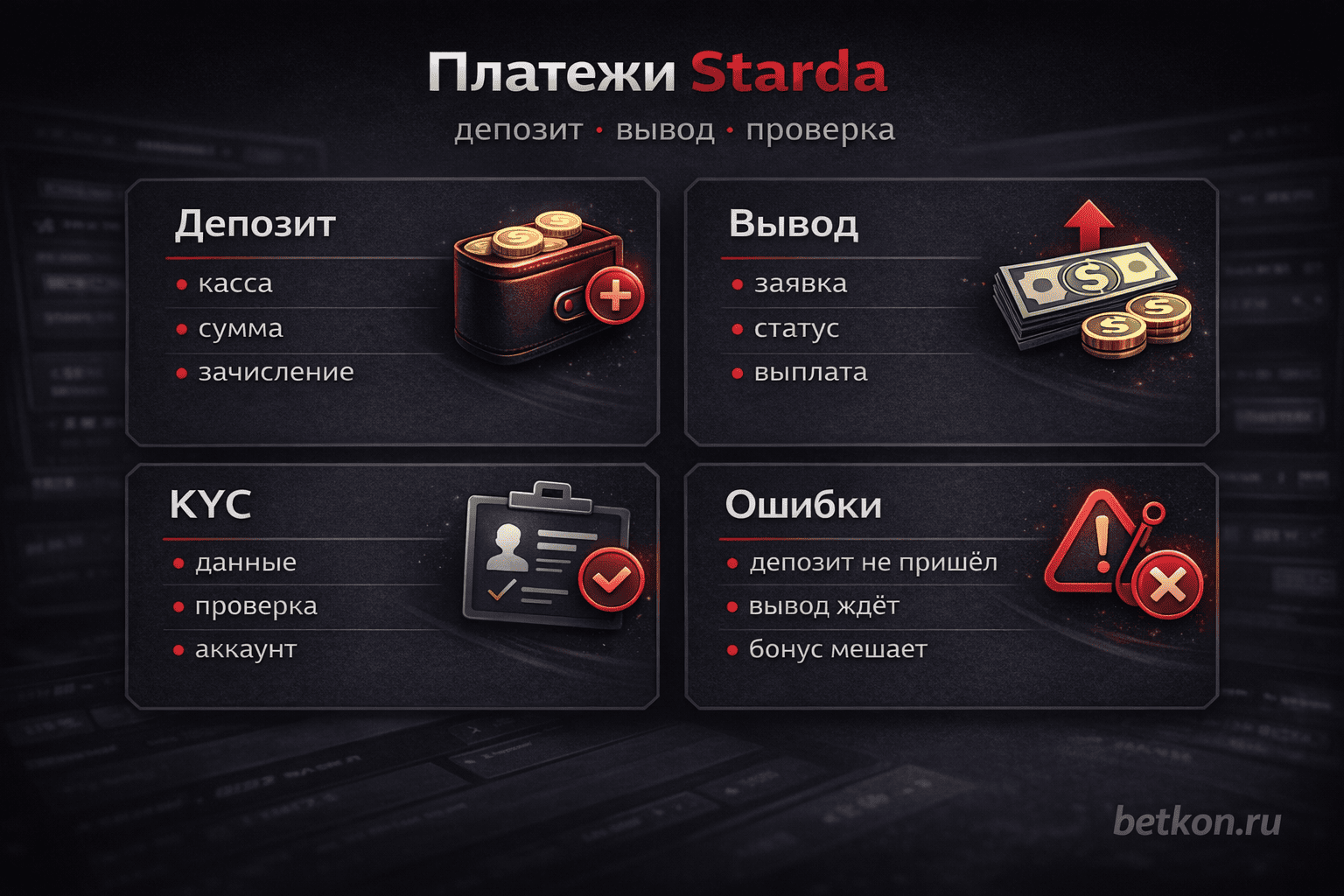 Инфографика: платежи Starda, депозит, вывод, KYC и ошибки