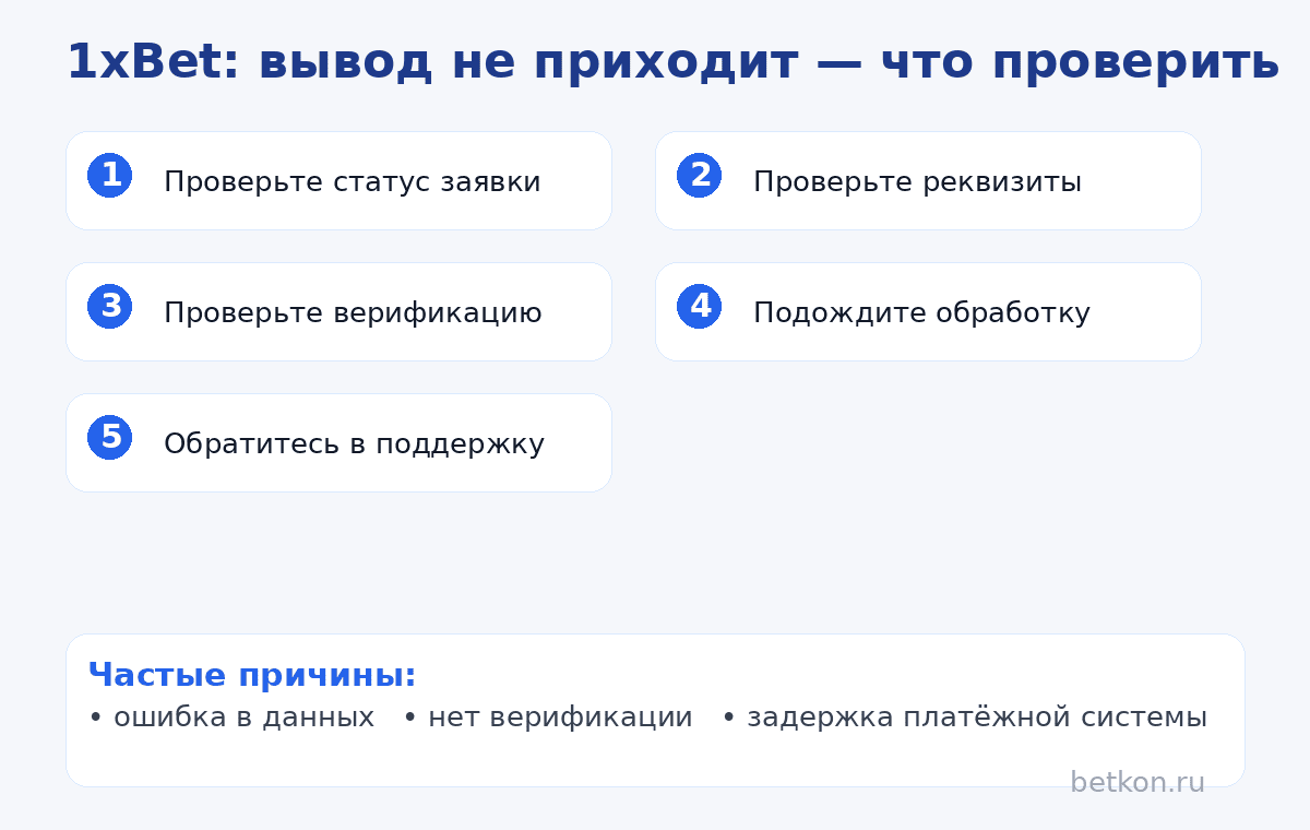 Инфографика 1xBet — что проверить если не приходит вывод