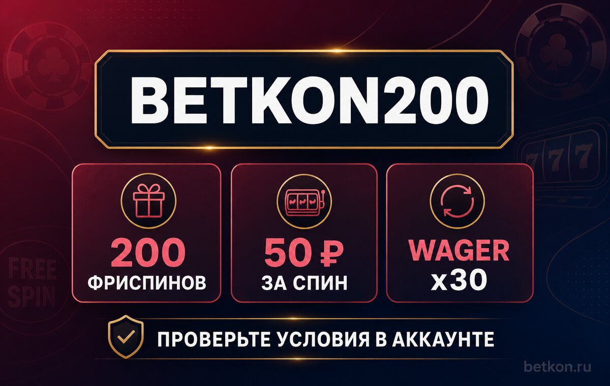 Проверка промокода BETKON200: 200 фриспинов по 50 ₽ и wager x30